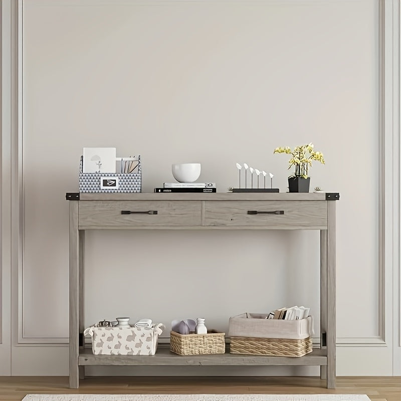 Farmhouse Entryway Table - 2-Tier Wooden Console Sofa Table with 2 Drawers & Open Shelf, Space-Saving Hardwood Design for Living Room, Hallway, Entryway - Rustic Modern Home Decor
