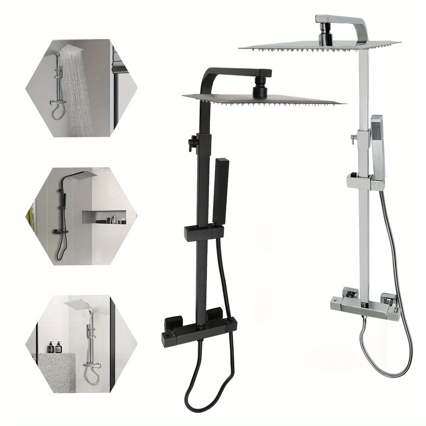 Thermostatische Regendouche – Regendouche Set – Douchekop – Handdouche – Douche Systeem – Mat Zwart – 25x25 cm – Verstelbare Hoogte