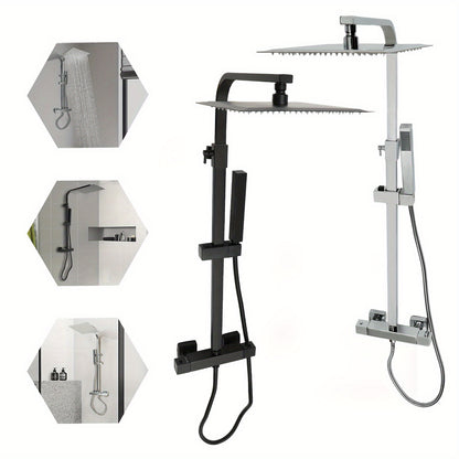 Thermostatische Regendouche – Regendouche Set – Douchekop – Handdouche – Douche Systeem – Mat Zwart – 25x25 cm – Verstelbare Hoogte