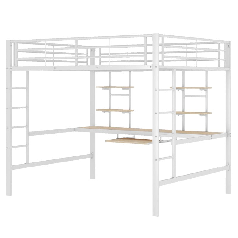 Hoogslaper – Stapelbed – Ligbed – Bed met Bureau – Bed met Planken – Stevig Metaalframe – Ruimtebesparend Ontwerp – 140x200 cm – Wit