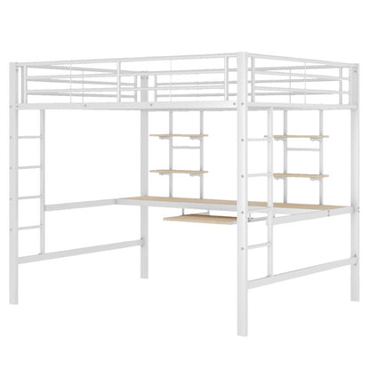 Hoogslaper – Stapelbed – Ligbed – Bed met Bureau – Bed met Planken – Stevig Metaalframe – Ruimtebesparend Ontwerp – 140x200 cm – Wit