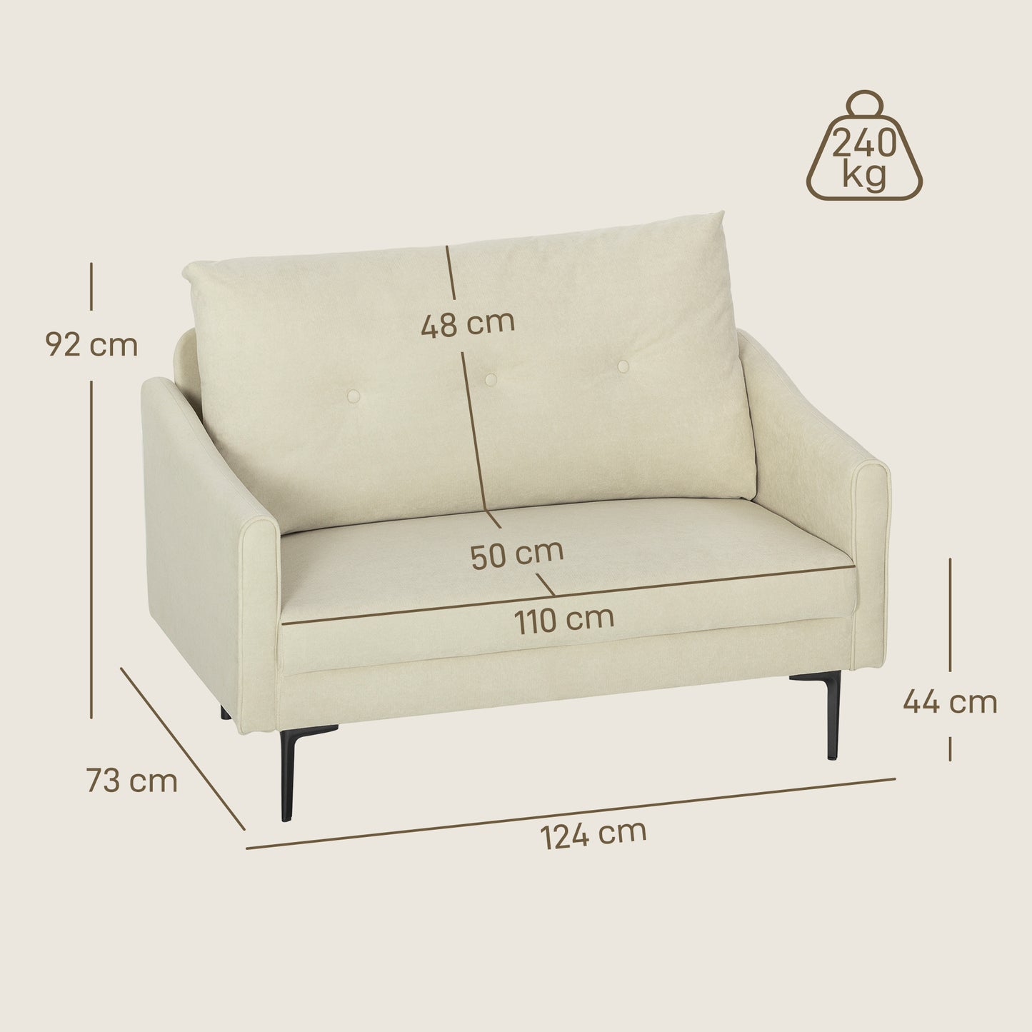 2-Zits Bank – Tweezits Sofa – Zithoek – Loveseat – Loungebank – Cream – Zachte Foam Kussens – Stevig Metalen Frame