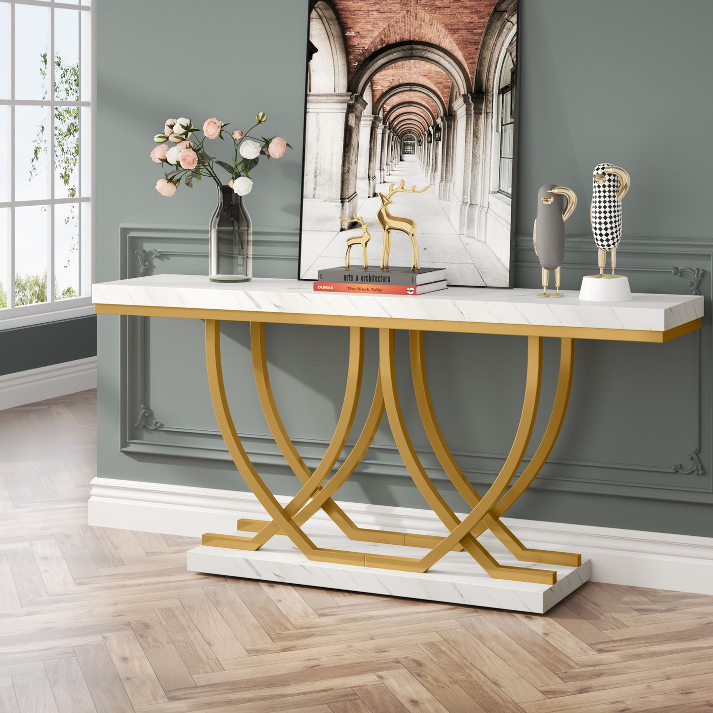 Console Tafel – Sidetable – Haltafel – Bijzettafel – Dressoir – Wit Kunstmarmer Blad – Gouden Metalen Poten – 150 cm Lang – Verstelbare Pootjes