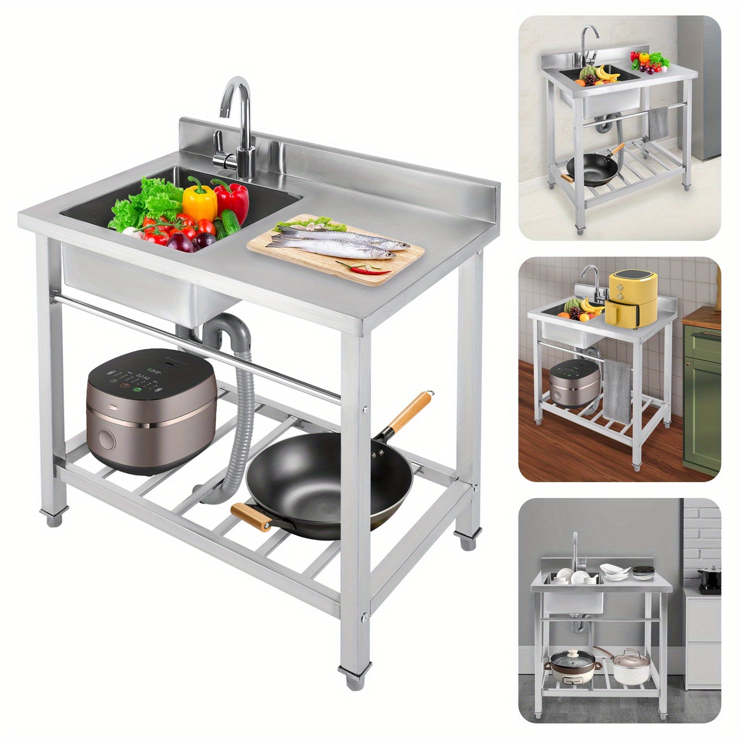 TOOL1SHOOO modern rectangular freestanding kitchen sink set, made of 201 stainless steel, with an internal sink size of 39.88*35.05*20.07 cm, equipped with a 360° rotating faucet, suitable for kitchens, dining rooms, bars, l