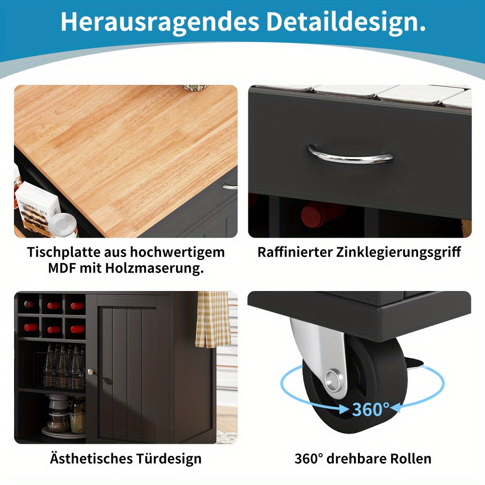 Keukeneiland – Keukentrolley – Keukenkast – Opbergmeubel – Buffetkast – MDF Werkblad – 102x45x92 cm – Wieltjes en Modern Design