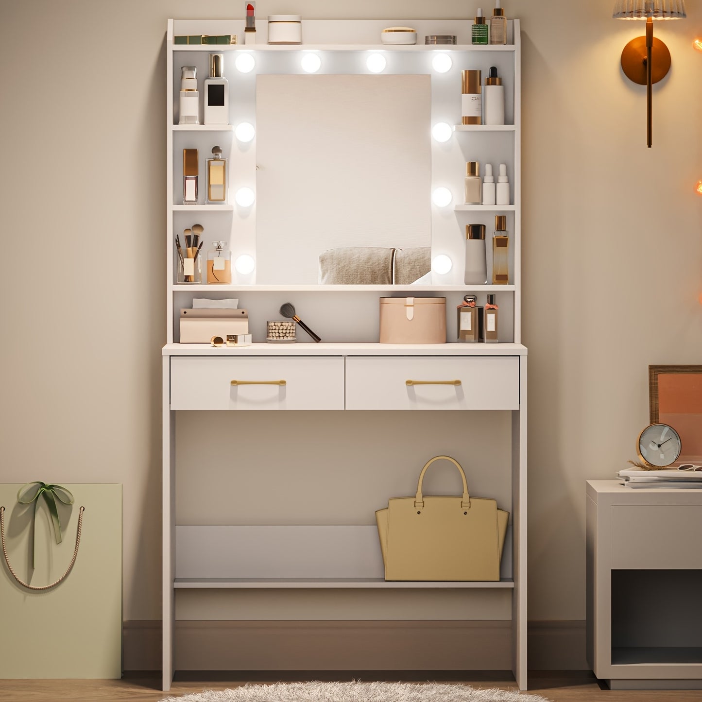 Make-up Tafel – Kaptafel – Make-up Bureau – Toilettafel – Schminktisch – Met Spiegel – 2 Laden En Planken – Verstelbare Verlichting – Wit 40x80x149 cm