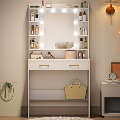 Make-up Tafel – Kaptafel – Make-up Bureau – Toilettafel – Schminktisch – Met Spiegel – 2 Laden En Planken – Verstelbare Verlichting – Wit 40x80x149 cm