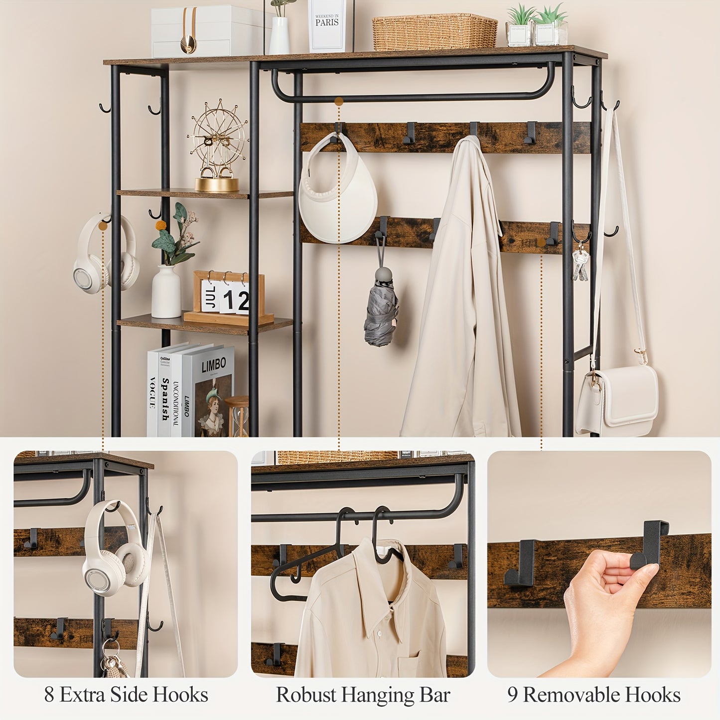 Hall Tree, Coat Rack With 3-Tier Storage Bench And 1 Drawer, 5-in-1 Entryway Bench With 17 Hooks, 1 Hanging Rod, 4-Tier Side Shelves, Rustic Brown