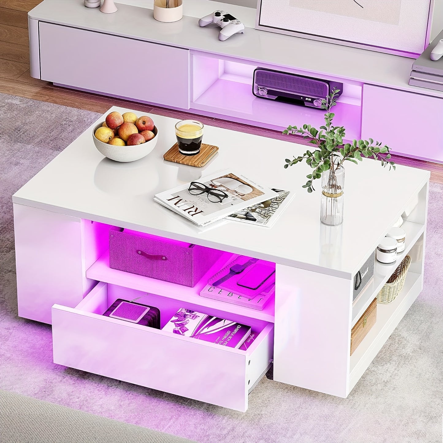 High Gloss Salontafel met Opbergruimte – Wit – RGB LED-verlichting, 2 Laden & Open Plank – Rechthoekige Tafel voor Woonkamer en Kantoor