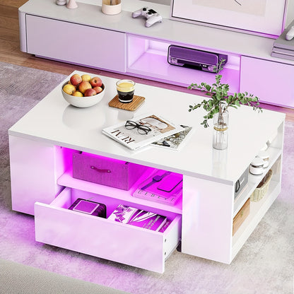 High Gloss Salontafel met Opbergruimte – Wit – RGB LED-verlichting, 2 Laden & Open Plank – Rechthoekige Tafel voor Woonkamer en Kantoor