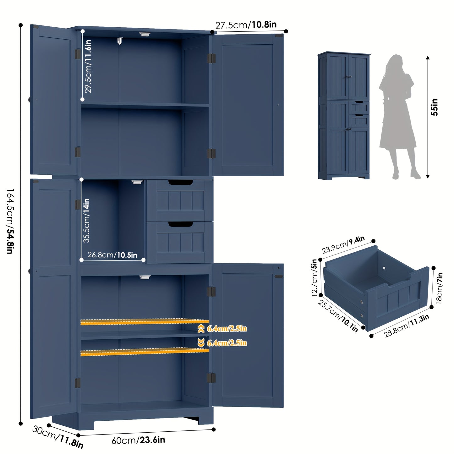 Opbergkast – Opbergmeubel – Dressoir – Vakkenkast – Kast Met 4 Deuren & 2 Laden – Moderne Blauwe MDF Kast – Hoog 164,5 cm – Ruime 3,2 Kubieke Voet Opslagruimte