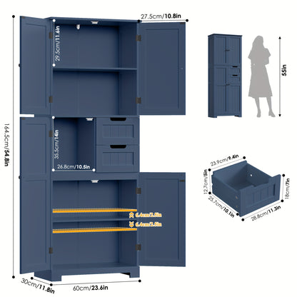Opbergkast – Opbergmeubel – Dressoir – Vakkenkast – Kast Met 4 Deuren & 2 Laden – Moderne Blauwe MDF Kast – Hoog 164,5 cm – Ruime 3,2 Kubieke Voet Opslagruimte