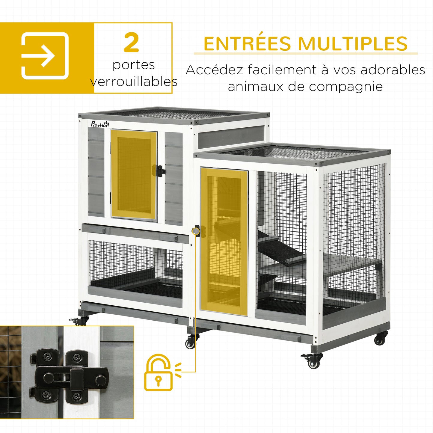 Kippenren Houten Hokken Kippenhok Binnenren Kippenschuur – Grijs Wit – 3 Verdiepingen Met Trap – Wieltjes Met Vergrendeling – Ruim 110x50x86 cm