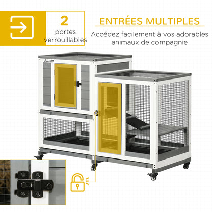 Kippenren Houten Hokken Kippenhok Binnenren Kippenschuur – Grijs Wit – 3 Verdiepingen Met Trap – Wieltjes Met Vergrendeling – Ruim 110x50x86 cm