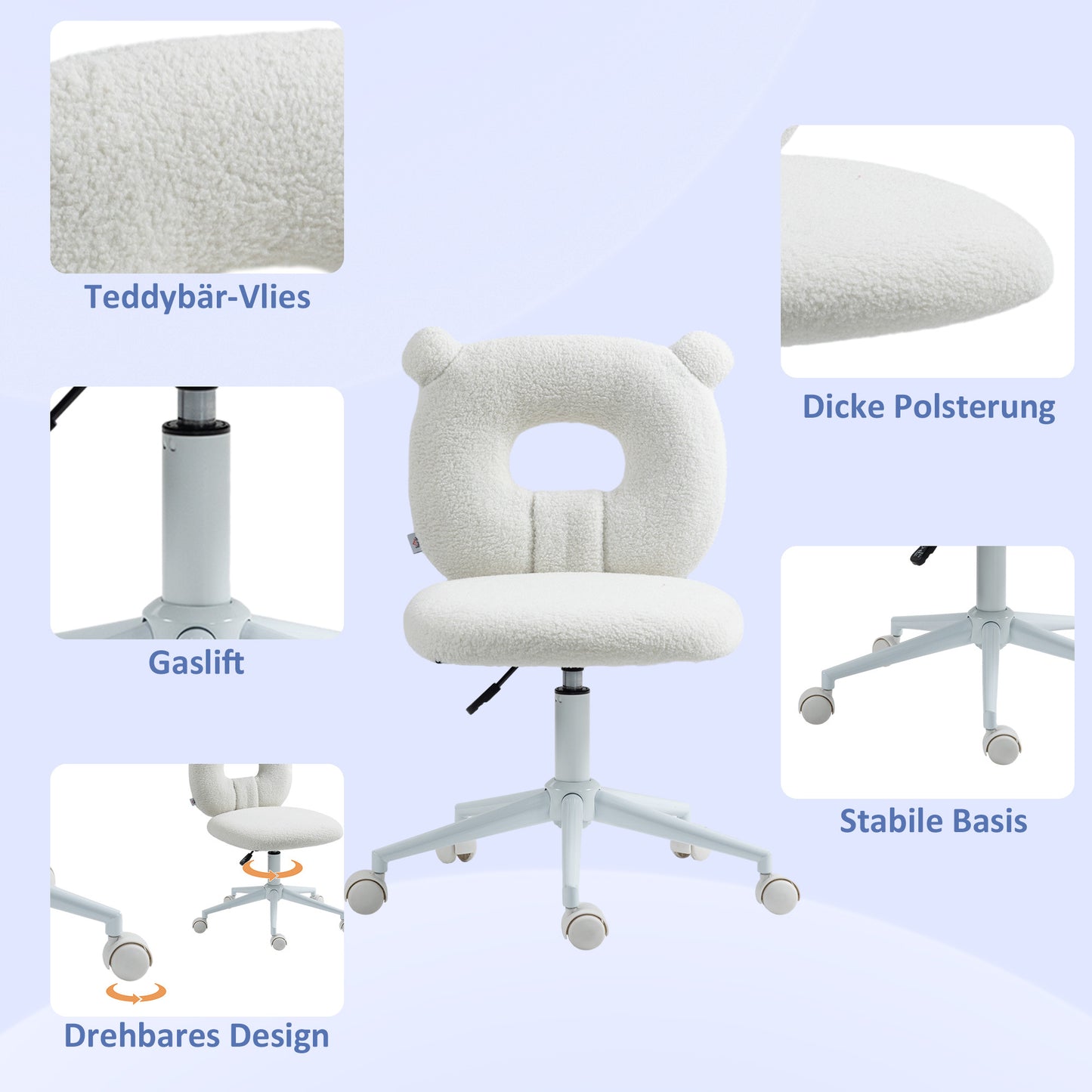 Bureaustoel – Office Chair – Werkstoel – Desk Chair – Stoel – Wit – Hoogteverstelbaar – Teddy Fur Bekleding – Breed Zitvlak 50x56x90 cm