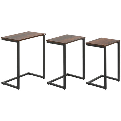 Industriële Bijzettafel – Salontafel – Nachtkastje – Tafeltje – Tafelset – 3-delige Set – Stalen Frame – Bruin Houten Blad – Nestbaar – Verstelbare Voetjes