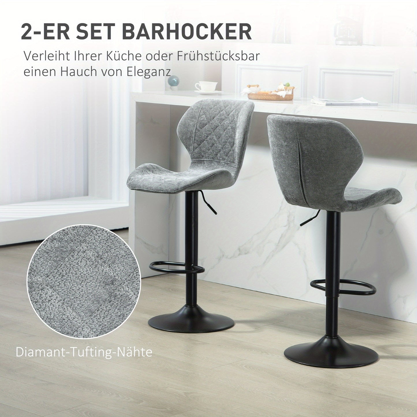 Barkrukken – Barstoelen – Keukenkrukken – Counterstoelen – Barkruk Set 2 – Donkergrijs – Verstelbare Zithoogte – 360° Draaibaar Met Chenille Bekleding