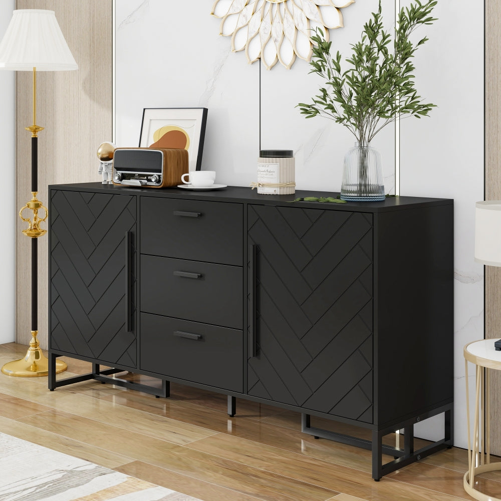 Dressoir – Opbergkast – Buffetkast – Ladekast – Wandkast – Wit – Visgraatpatroon – 2 Deuren & 3 Laden – Eigentijds Design