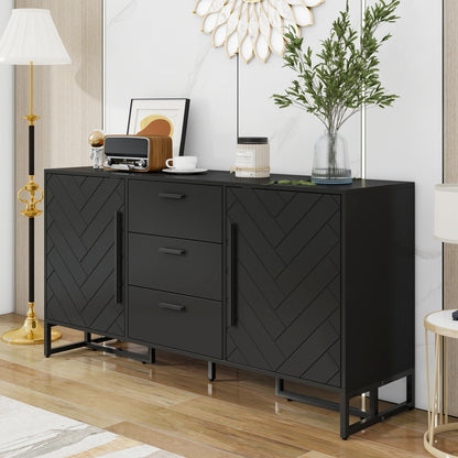 Dressoir – Opbergkast – Buffetkast – Ladekast – Wandkast – Wit – Visgraatpatroon – 2 Deuren & 3 Laden – Eigentijds Design