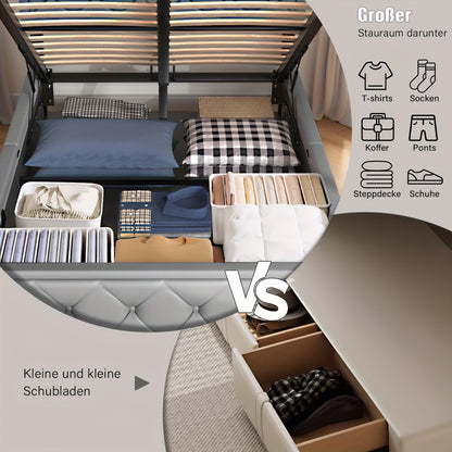 Gestoffeerd Tweepersoonsbed – Opbergbed – Bedframe Met Opbergruimte – Slaapbed – Hydraulisch Bed – Grijs – 140x200 cm – Handig Hydraulisch Liftmechanisme