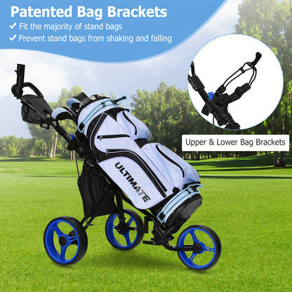 Golf Trolley – Golfkar – Golfwagen – Golfbuggy – Golfkarretje – Lichtgewicht 3-Wieler – Verstelbaar Zitje en Handvat – Duurzaam PP Materiaal – Inclusief Parapluhouder en Voetrem – Zwart