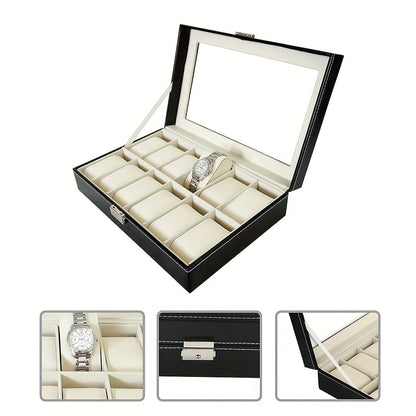 Horlogebox – Horlogedoos – Watch Box – Sieradendoos – Opbergdoos – 12 Vakken – Dubbel Laags PU Leer – Transparant Glas Met Slot – Compact 30x20x8 cm – Fluwelen Voering