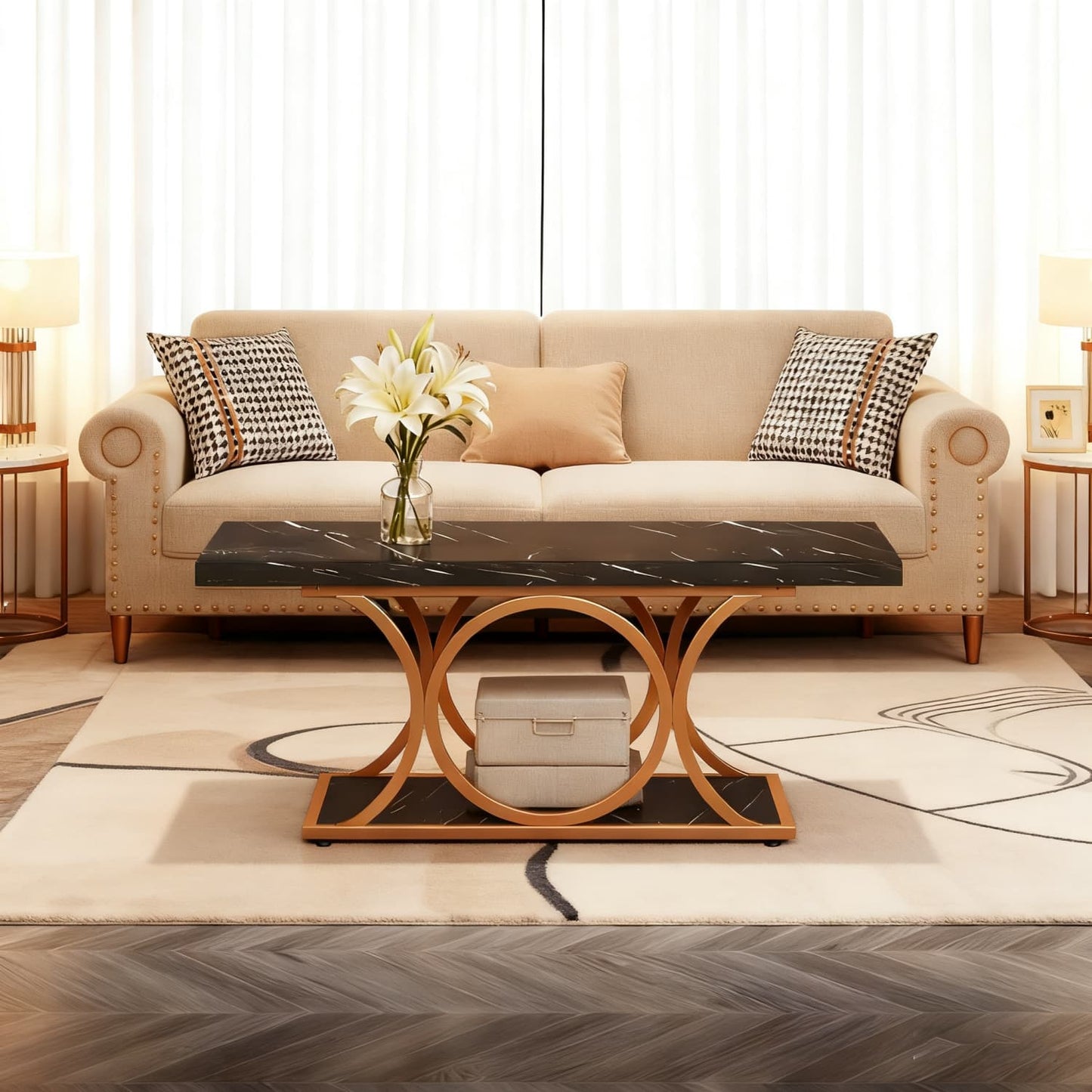 Salontafel – Koffietafel – Woonkamertafel – Bijzettafel – Tafel – Rechthoekig 120 cm – Zwart Faux Marmer Blad – Gouden Metalen Poten – 2 Niveaus Opbergruimte