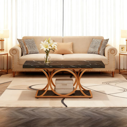 Salontafel – Koffietafel – Woonkamertafel – Bijzettafel – Tafel – Rechthoekig 120 cm – Zwart Faux Marmer Blad – Gouden Metalen Poten – 2 Niveaus Opbergruimte