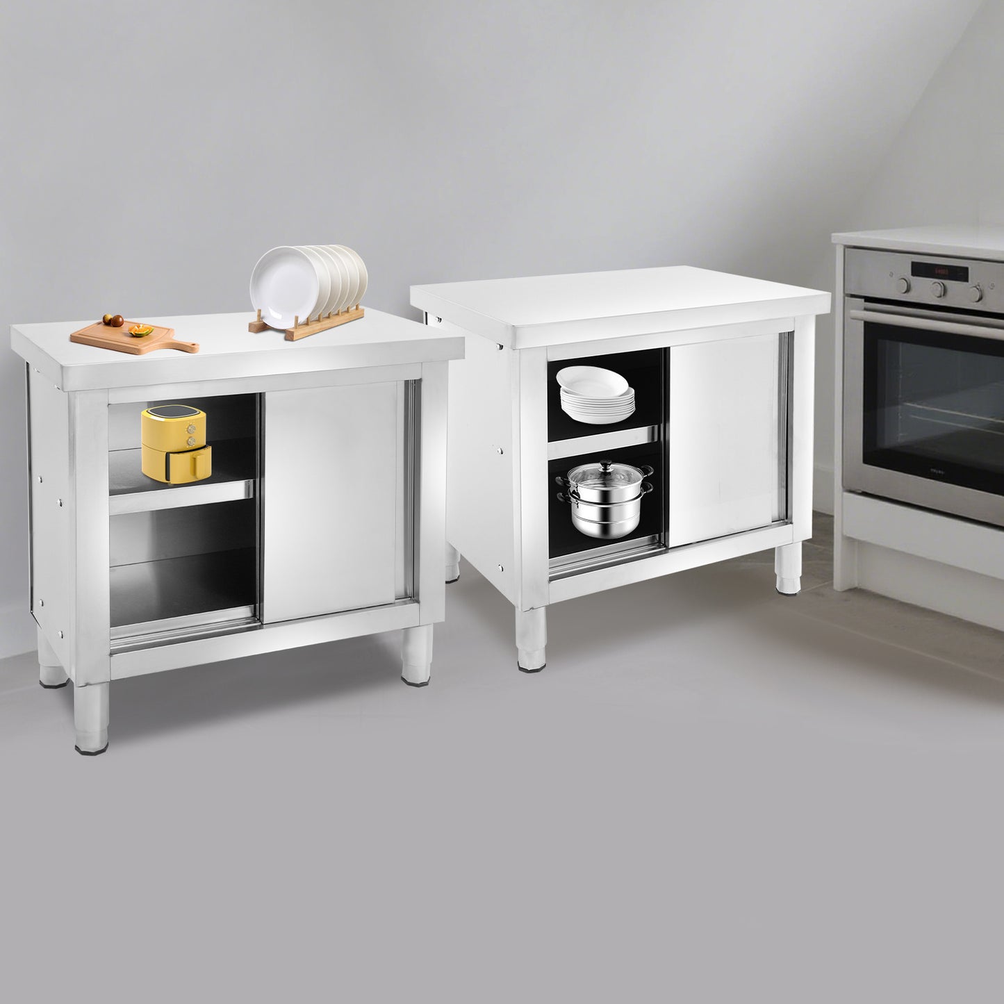RVS Werktafel – Werkbank – Inklapbare Werktafel – Keukentafel – Opbergtafel – 80x60x80 cm – Verstelbare Poten – Roestvrij Stalen Kast Met Schuifdeuren