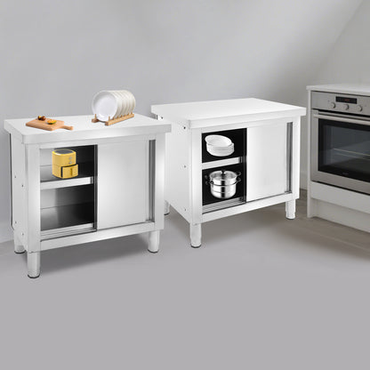 RVS Werktafel – Werkbank – Inklapbare Werktafel – Keukentafel – Opbergtafel – 80x60x80 cm – Verstelbare Poten – Roestvrij Stalen Kast Met Schuifdeuren