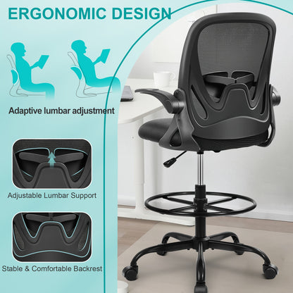 KERDOM Ergonomic High-Back Swivel Drafting Chair - Breathable Mesh Office Chair with Lumbar Support, Adjustable Footrest Ring & Flip-Up Armrests, 360° Swivel Metal Base for Home Office, Art Studio, Standing Desk, Ergonomic O