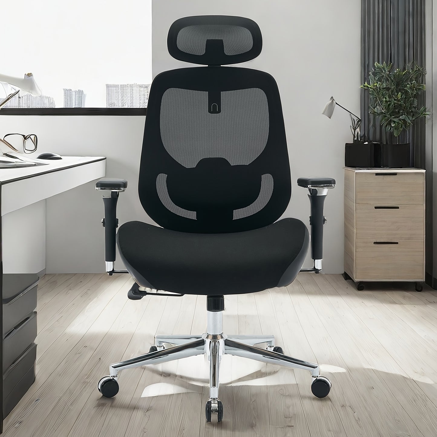 Ergonomische Bureaustoel – Kantoorstoel – Bureaustoel Voor Lange Mensen – Werkstoel – Draaistoel – 4D Verstelbare Armleuningen – Ademend Mesh Rugleuning – Lendensteun & Hoofdbestand – Kantelbaar 120° – Verstelbare Hoogte – Zwarte Metalen Basis
