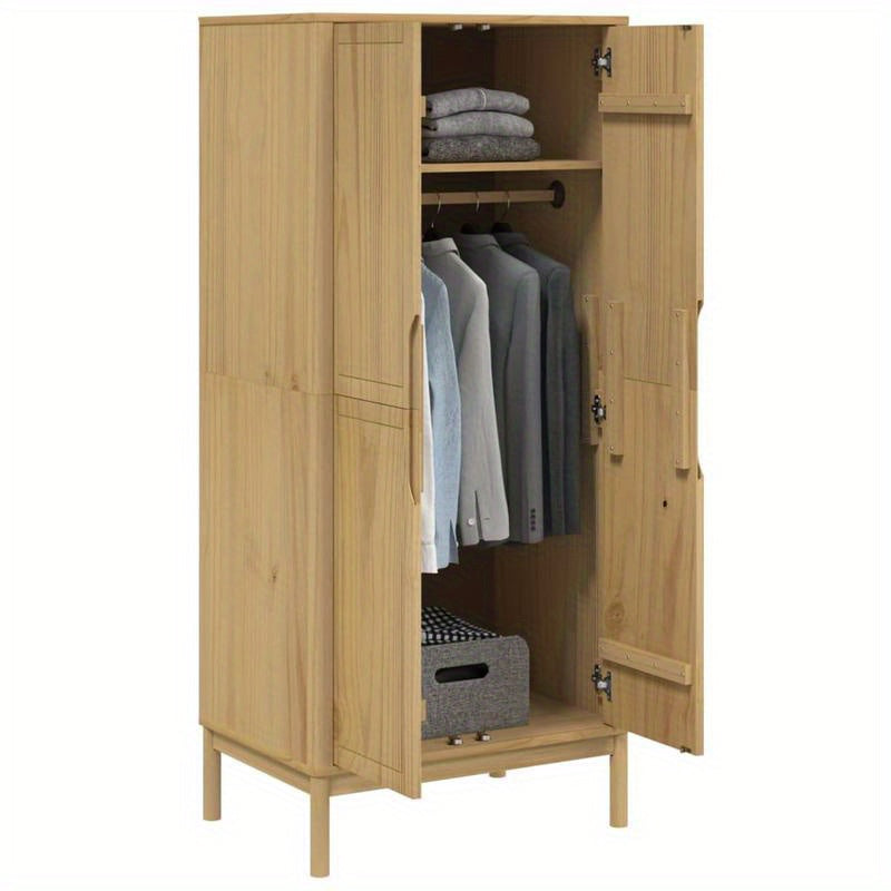 Vrijstaande Kledingkast – Garderobekast – Opbergkast – Kledingopberger – Houten Kast – Massief Grenenhout – Bruin Gewassen Afwerking – Compact 77x53x171 cm