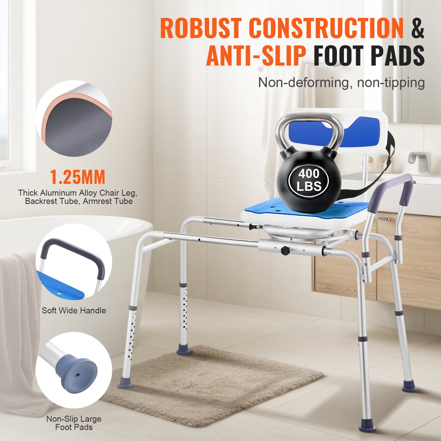 Douchekruk – Douchezitje – Badkruk – Badstoel – Badtransferbank – 360° Draaibare Zitting – Verstelbare Hoogte 52,5-69 cm – Draagvermogen 180 kg – Antislip Pootjes – Zijwaartse Schuiffunctie