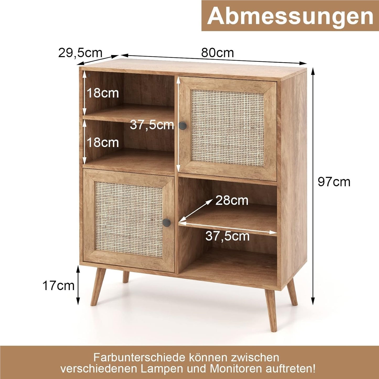Dressoir – Sideboard – Opbergkast – Ladekast – Buffetkast – Houtenkleurig met Rattan Deuren – 80x29,5x97 cm – Stevige Constructie met Anti-Kantelbeugels