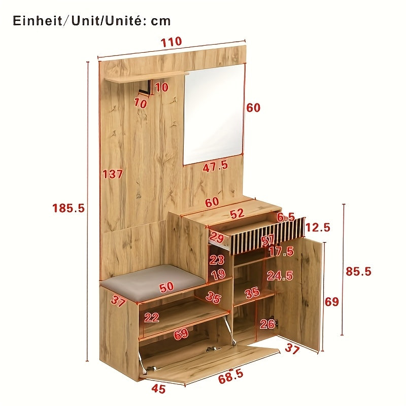 Halmeubel – Halkast – Garderobekast – Schoenenkast – Kapstok – Compact – Bamboe Materialen – Met Spiegel & Zitkussen – Ruimtebesparend Voor Smalle Hal