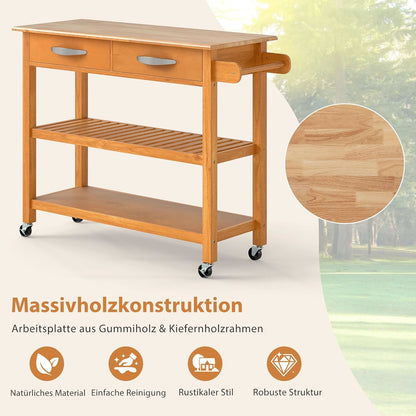Keukentrolley – Keukenwagen – Servierwagen – Keukenbuffet – Mobiele Keukenwagen – Bruin Houten Frame – 2 Laden & 2 Open Planken – Grote Werkplek 106x44 cm – 4 Zwenkwieltjes Met Rem