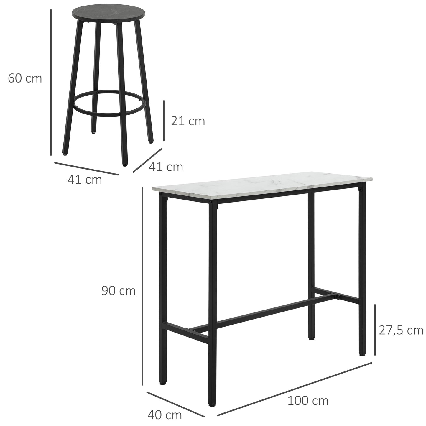 Barset – Barkrukset – Bar tafel met krukken – Eettafel – Keukentafel – Wit Zwart Marmer-Look – Comfortabele Voetsteunen – Stevig Staalframe