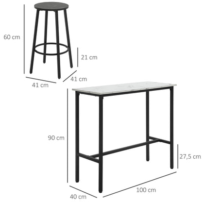 Barset – Barkrukset – Bar tafel met krukken – Eettafel – Keukentafel – Wit Zwart Marmer-Look – Comfortabele Voetsteunen – Stevig Staalframe