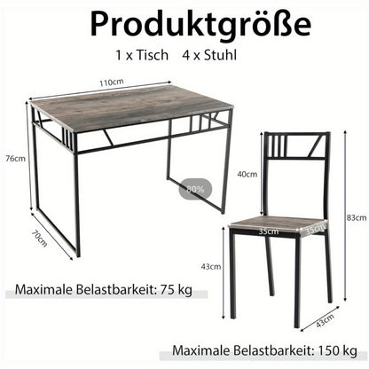 Eettafelset – Tafel en Stoelen – Eettafel – Keukentafel – Industrieel Meubel – Zwart – MDF Houtlook Tafelblad – Ergonomische Stoelen met Metalen Frame
