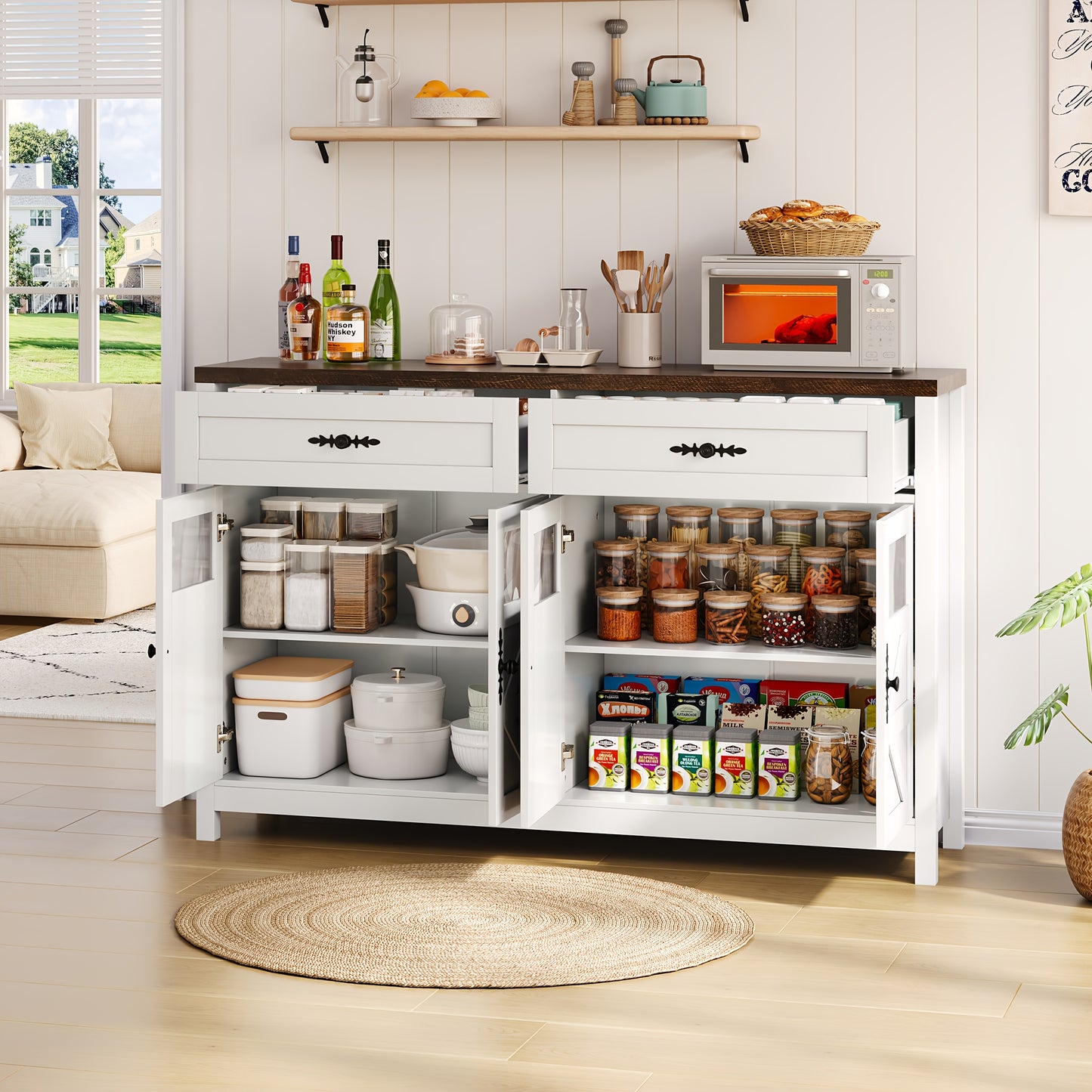 Dressoirkast – Sideboard – Opbergkast – Buffetkast – Kastenmeubel – Wit – 140 cm lang – Bamboe – Duurzaam – 4 Deuren – 2 Lades – Modern – Minimalistisch – Multifunctioneel