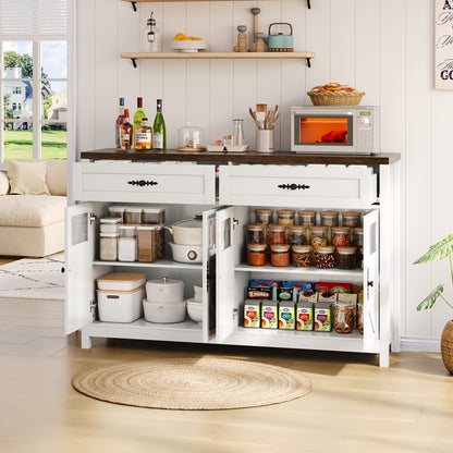 Dressoirkast – Sideboard – Opbergkast – Buffetkast – Kastenmeubel – Wit – 140 cm lang – Bamboe – Duurzaam – 4 Deuren – 2 Lades – Modern – Minimalistisch – Multifunctioneel