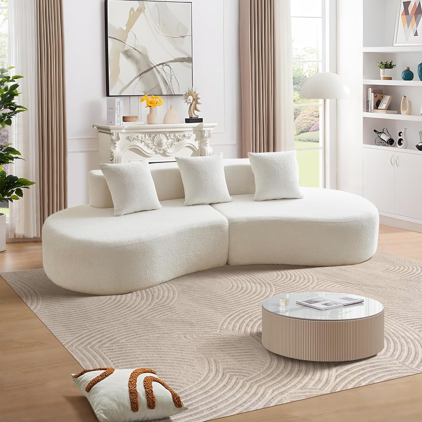 5-zits bank – hoekbank – loungebank – zitbank – designbank – wit – raindrop velvet stof – gebogen vorm – hoogwaardig schuim – ruimtebesparend design