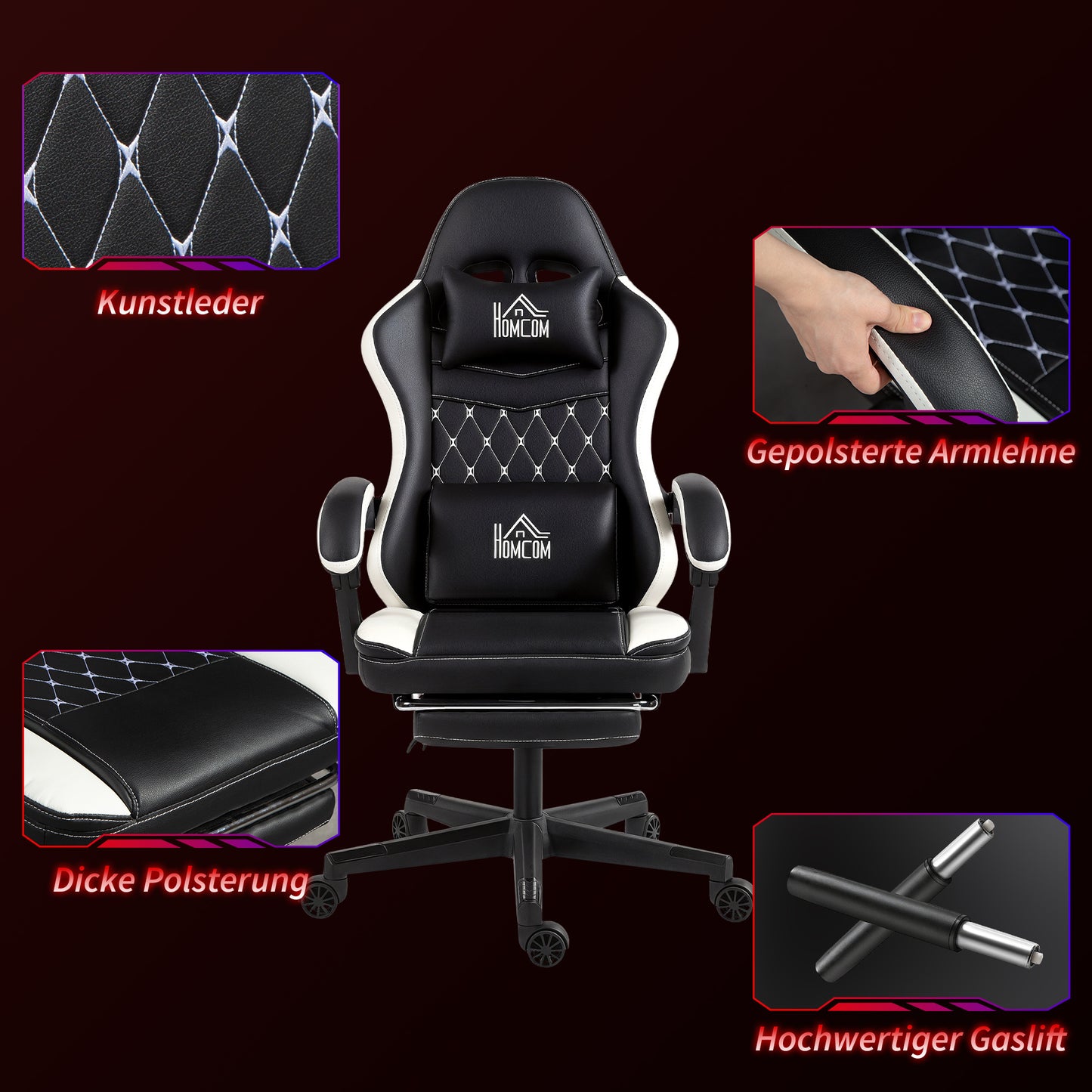 Gamingstoel – Bureaustoel – Computestoel – Gamedraaistoel – Ergonomische stoel – Zwart/Wit – Verstelbare Hoogte – Geïntegreerde Voetensteun