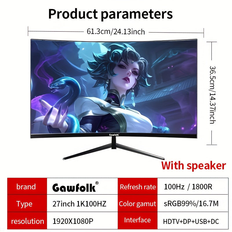27-inch Curved Gaming Monitor – PC Monitor – Computer Scherm – Gaming Display – Breedbeeld Monitor – 100Hz Refresh Rate – Frameloos 1800R Curved Design