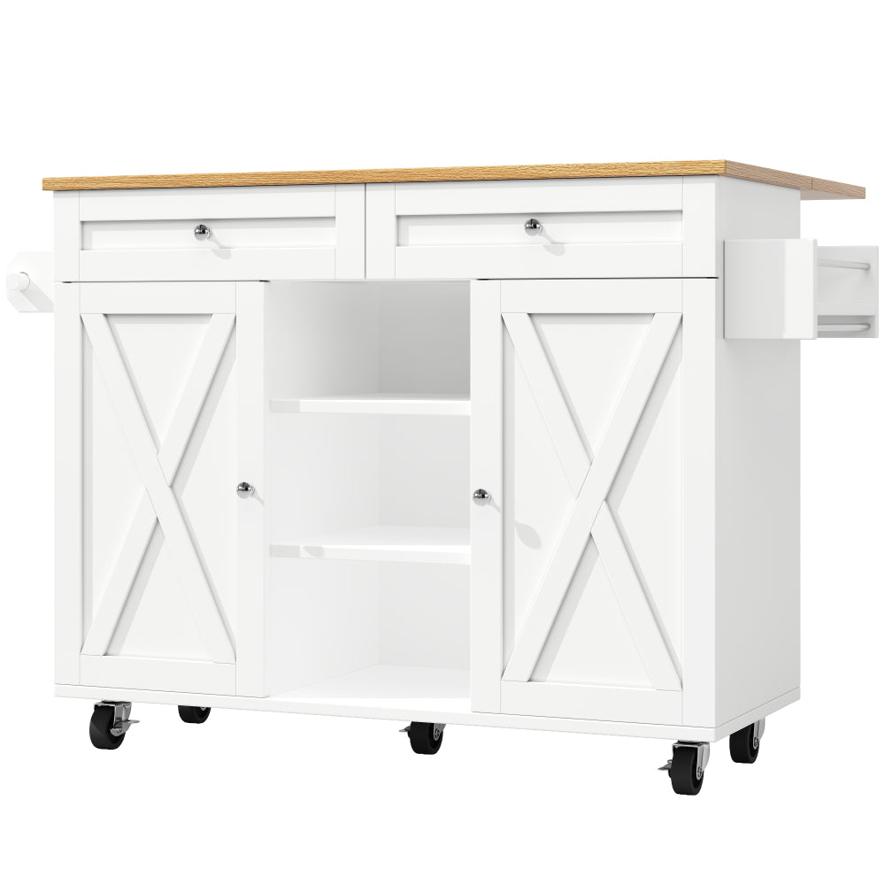 Modern White Wood Grain Kitchen Island with Dining Table, Multifunctional & Dining Cart - Easy Assembly Required, Space-Saving Heavy-Duty Furniture for small Kitchens, Apartments, Homes (Metal Frame)