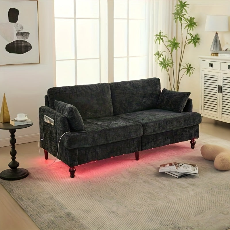 2-Zits Bank – Compacte Sofa – Tweezits Fauteuil – Loveseat – Zithoek – Chenille Bekleding – Stevige Houten Poten – Met Opbergzak – Zwart – Ruimtebesparend Design