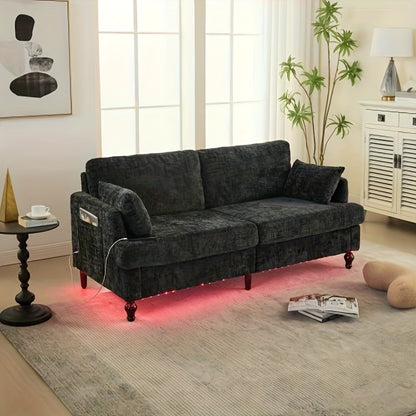 2-Zits Bank – Compacte Sofa – Tweezits Fauteuil – Loveseat – Zithoek – Chenille Bekleding – Stevige Houten Poten – Met Opbergzak – Zwart – Ruimtebesparend Design