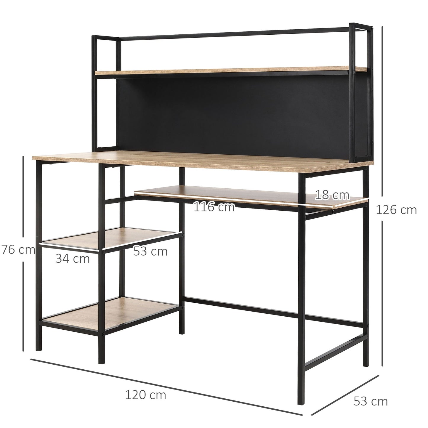 Computertafel – Bureau – Computerbureau – Bureautafel – Laptoptafel – Industrieel Design – Groot Werkblad 120x53 cm – Zwart Metalen Frame & Licht Eiken