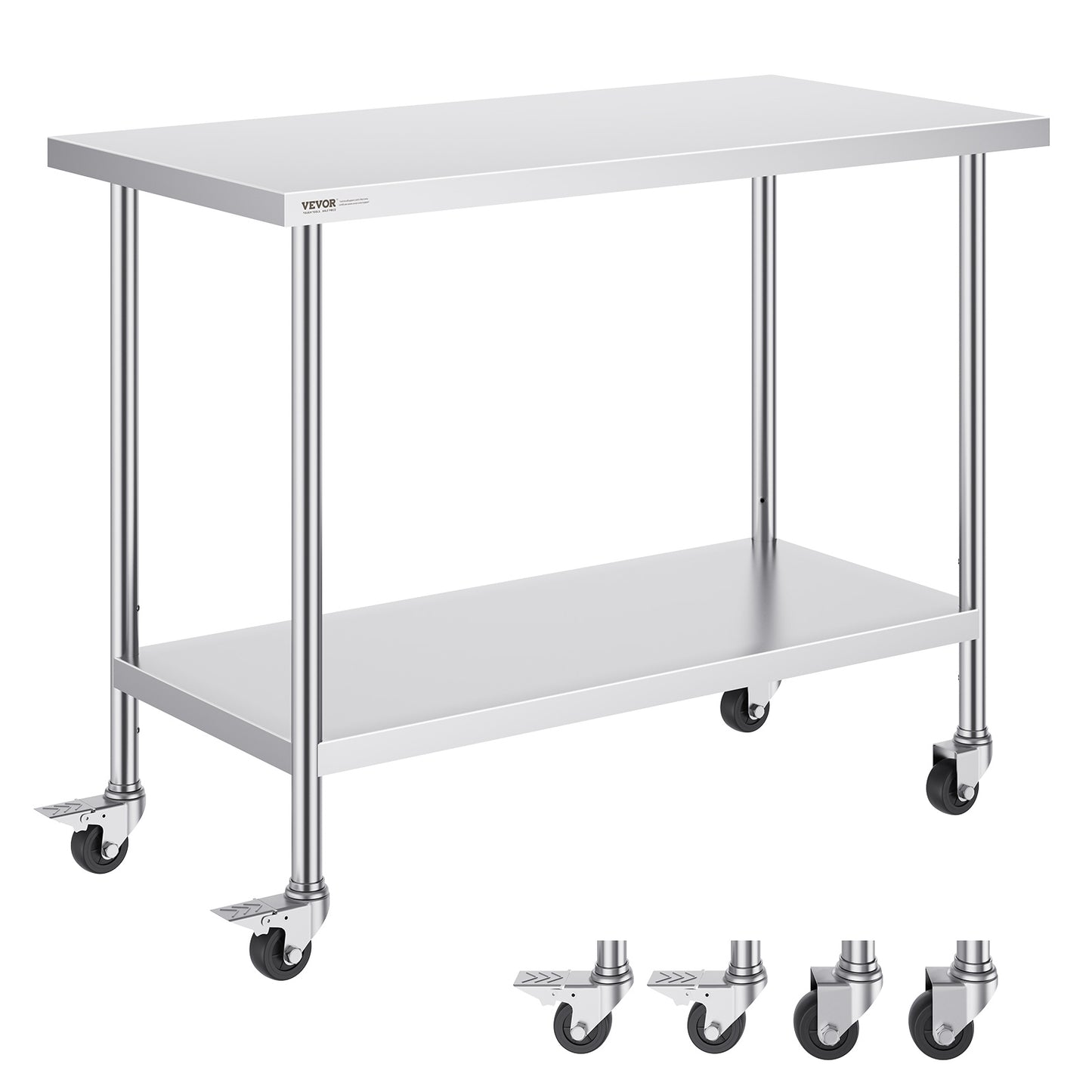 Werktafel – Werkbank – Werkstation – Werkblad – Werkplek – RVS 304 Staal – 122x61x97 cm – Verstelbare Hoogte – Mobiel Met Wielen